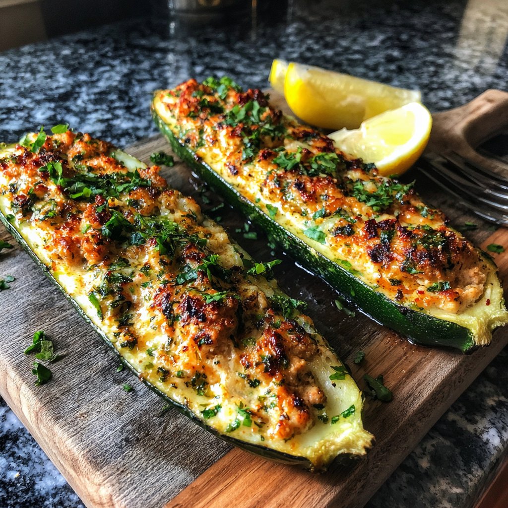 Lemon Garlic Turkey Zucchini Boats